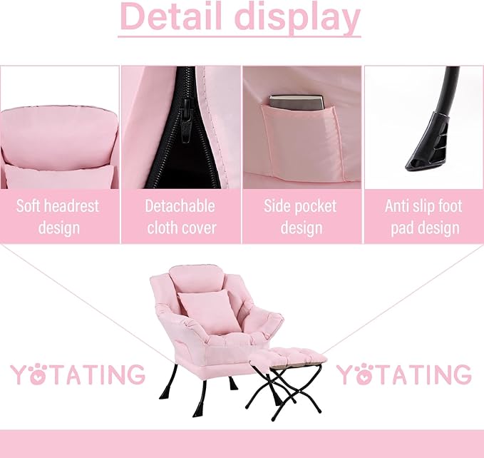 Lazy Chair with Ottoman, Comfy Reading Lounge Chair with Footstool & Throw - Image 4
