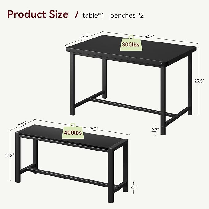 Dining Table Set for 4 with 2 Benches, 3-Piece Kitchen Table Set, Space-Saving - Image 6
