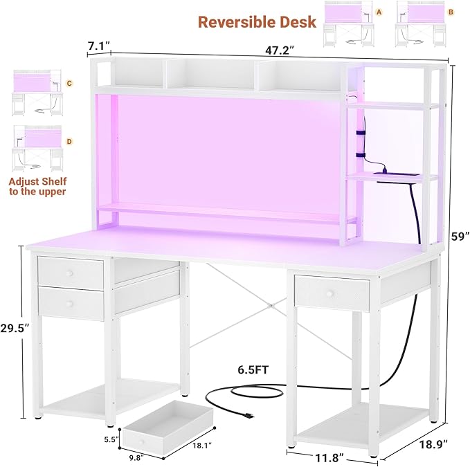 Aheaplus Desk with LED and Outlets, Gaming Desk with Hutch, 47.2'' Computer - Image 2