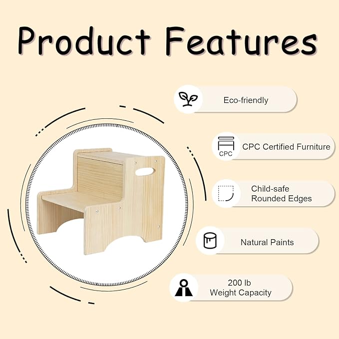 WOOD CITY Toddler Step Stool for Kids, Wooden Two Step Children's Stool - Image 5