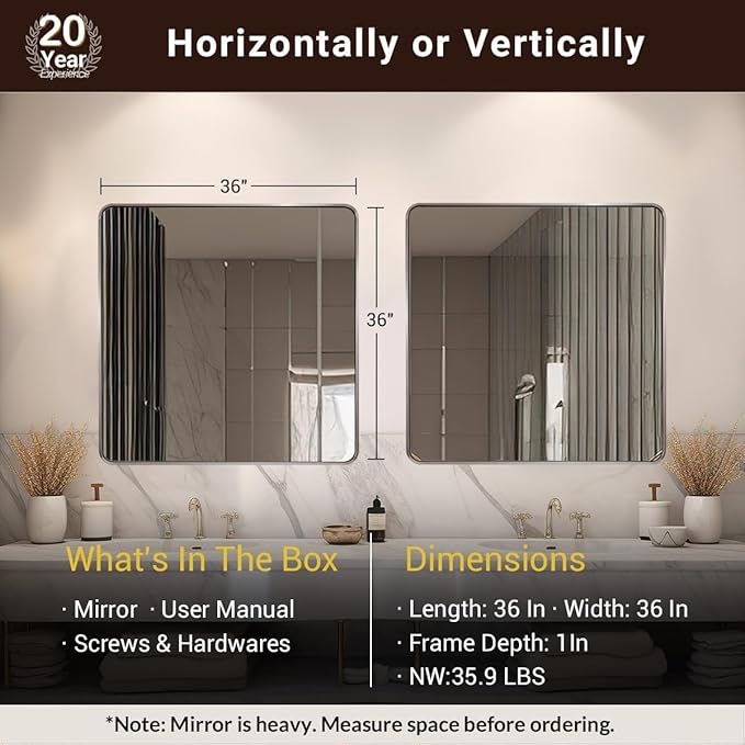 ANDY STAR 36x36 Inch Brushed Nickel Bathroom Mirror, Rounded Square Bathroom - Image 2