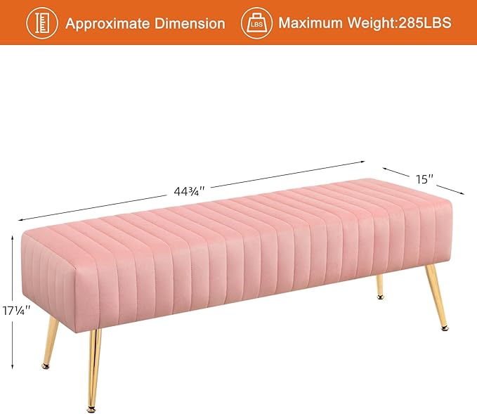 Furniliving 44 Inch Velvet Bench, Upholstered Tufted Striped Fabric Bedroom - Image 3