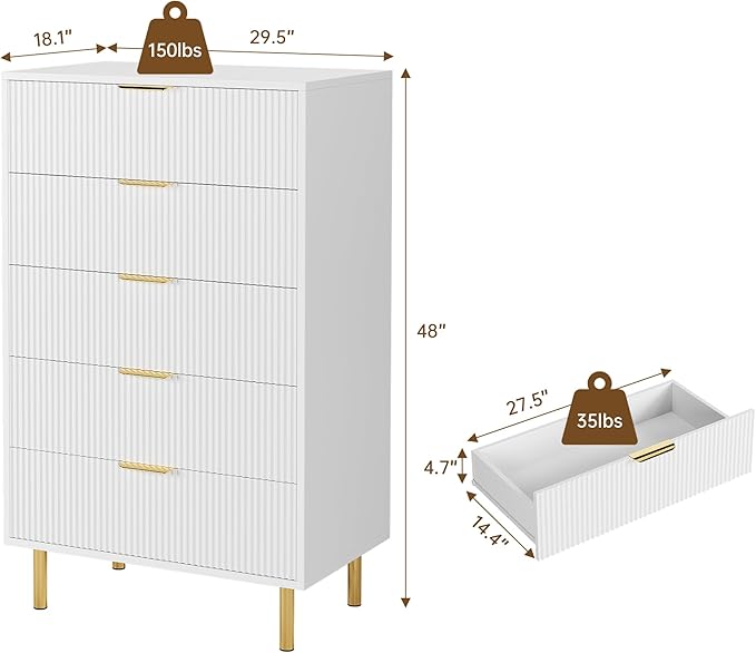 GarveeHome White Dresser, Modern 5 Drawer Dresser - Image 2