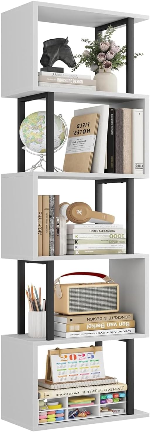 Gadroad 5-Tier Bookshelf, Narrow S-Shaped Geometric Bookcase, Wood Decorative by Gadroad