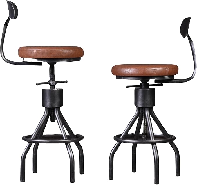 LOKKHAN Set of 2 Industrial Leather Bar Stools-Adjustable Swivel Metal Bar - Image 5