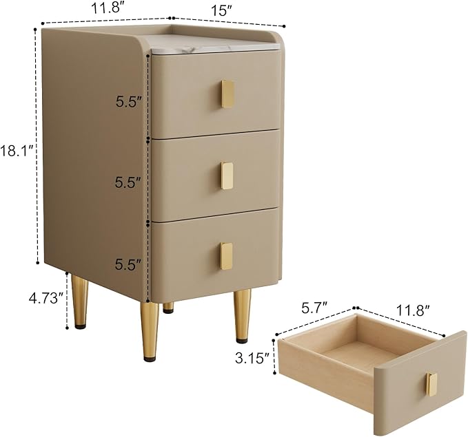 Narrow Nightstand with Drawers, Narrow Side Table Leather, Small Bedside Tables - Image 2