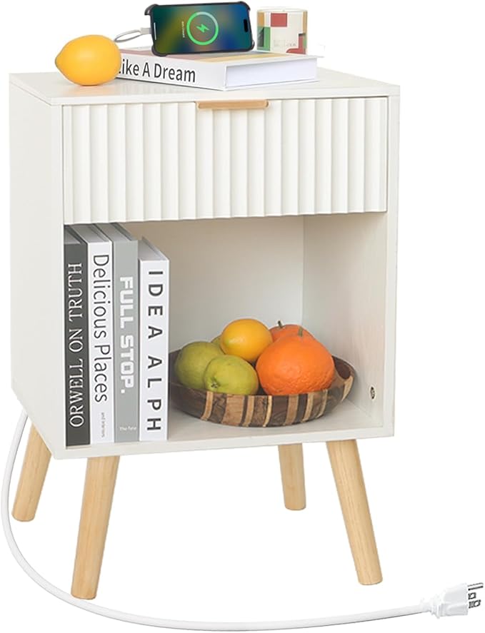 White Nightstand with Charging Station, Mid Century Modern Bedside Table with by Fultyle