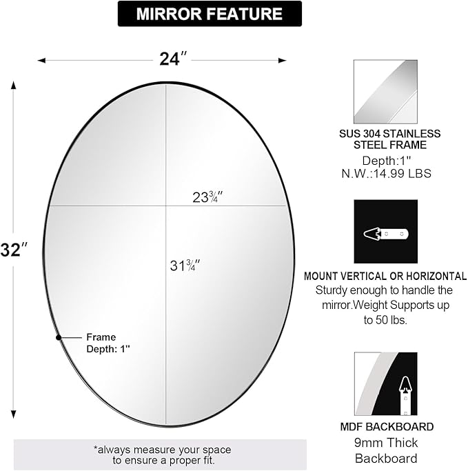ANDY STAR Chrome Bathroom Mirror, 24x32 Inch Polished Chrome Oval Wall Mirror - Image 2