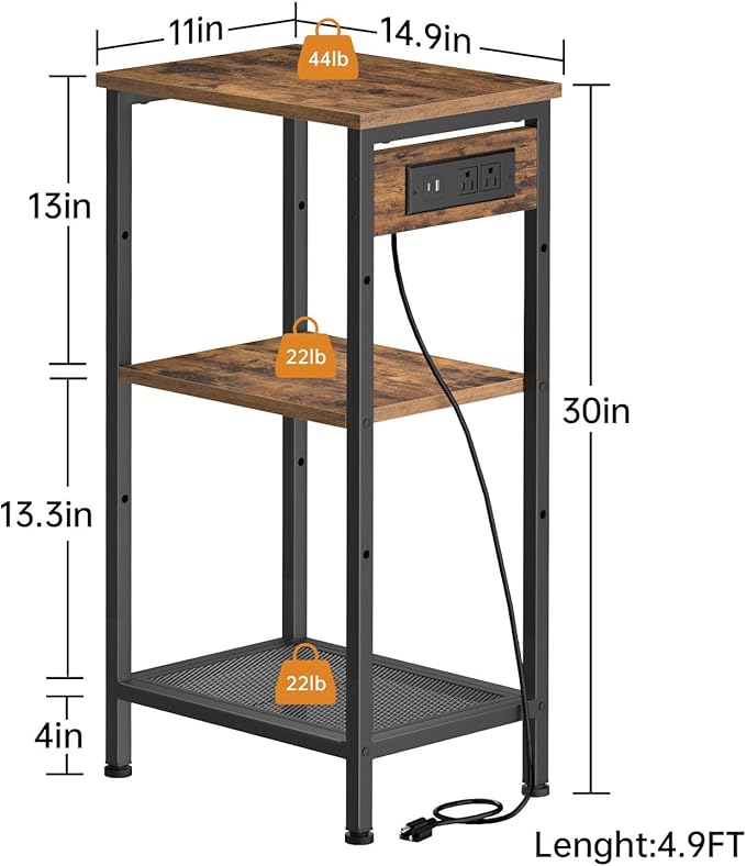 Tall End Table with Fast Charging Station, 3 Tier Narrow Side Table with - Image 3