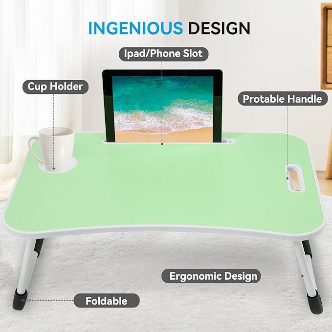 BUYIFY Folding Lap Desk, 23 Inch Portable Wood Green Laptop Bed Desk Lap Desk - Image 2