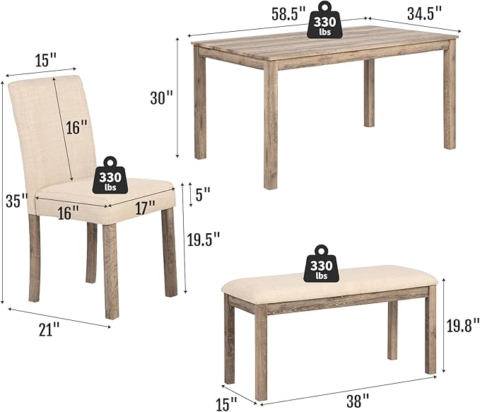 6-Piece Solid Wood Dining Table Set, Including 1 Dining Table, 4 Upholstered - Image 2