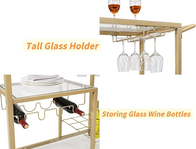 Rolling Bar Carts Gold with Wheels, Home Bar Serving Cart with Glass Wine - Image 3