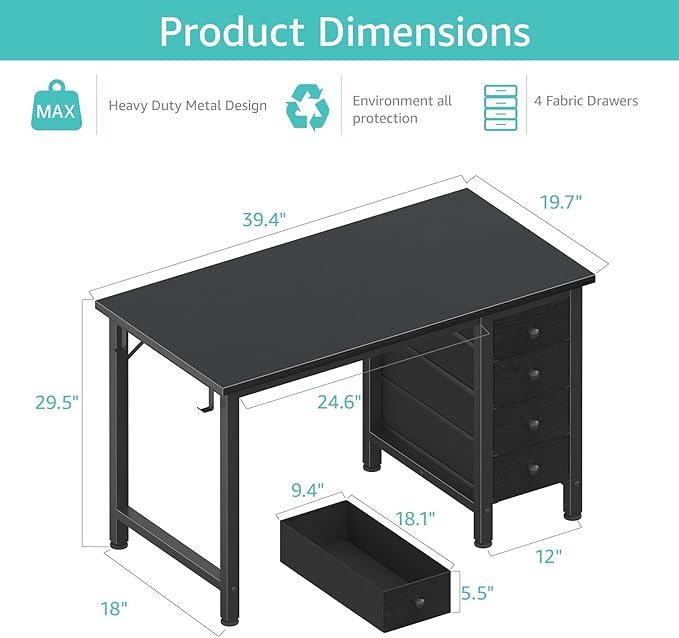 Lufeiya Small Gaming Desk with 4 Fabric Drawers, 40 Inch Kids Girls Teen Cute - Image 3