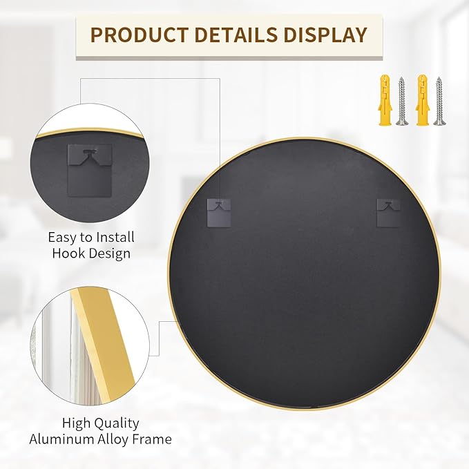 BEAUTYPEAK 40 Inch Round Mirror, Metal Frame Circle Mirror, Wall Mounted - Image 4