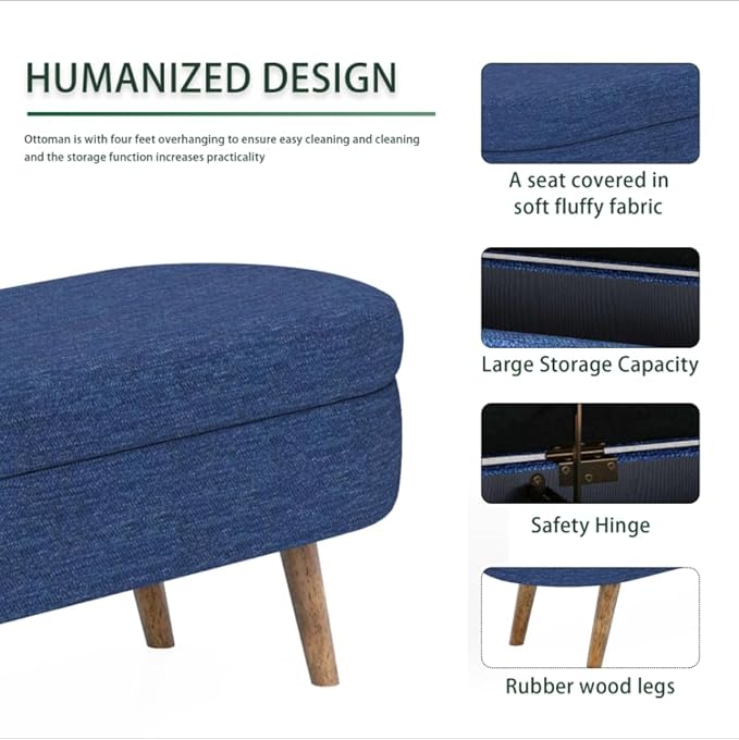 Oval Storage Bench 43.5" Linen Fabric Upholstered Entryway Bench - Image 5