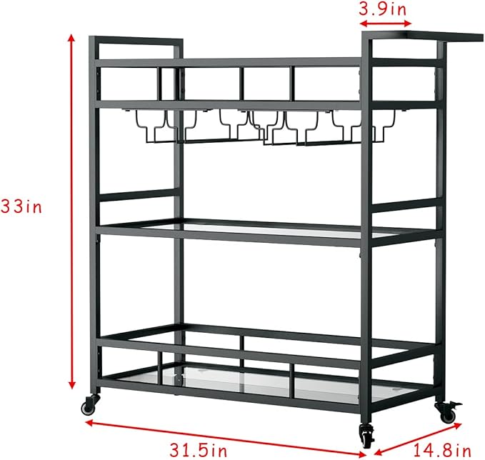 Black Metal Bar Carts with 3 Tier Glass Shelves, Rolling Serving Bar Cart with - Image 3