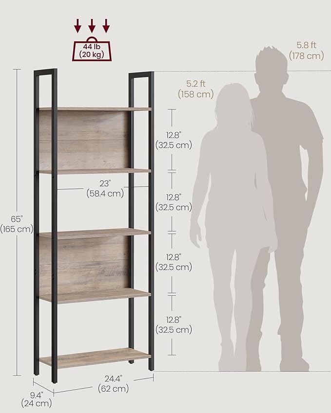VASAGLE 5-Tier Bookshelf, Book Shelf, Industrial Bookcase, - Image 2