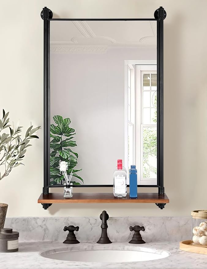 Industrial Pipe Mirror Wood Shelves, Bedroom Mirror by OLDRAINBOW