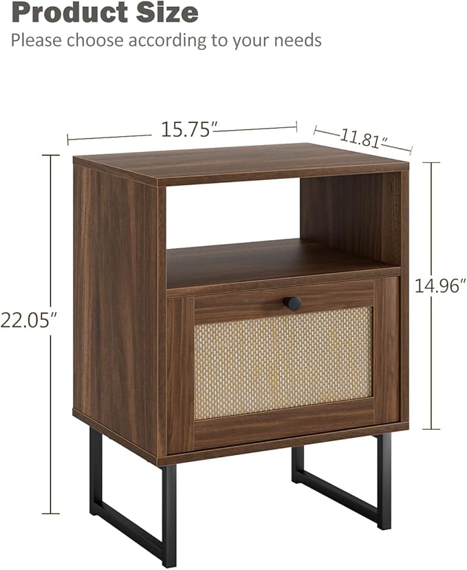 Rattan Nightstand, Boho Night Stand Farmhouse Wood Bedside Table - Image 2