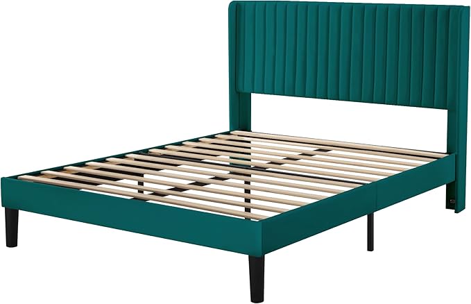 Allewie Queen Size Bed Frame/Velvet Upholstered Platform Bed/Vertical Channel - Image 8