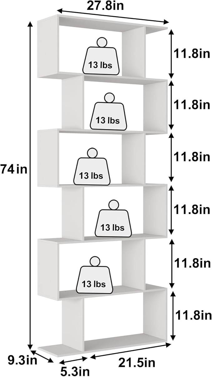 Yusong S Shaped Bookshelf, Modern Geometric Bookcase, 6-Tier White Display Case - Image 3