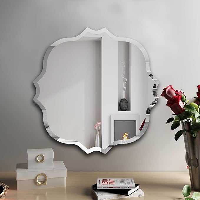 KOHROS Square Scalloped Bathroom Mirror 24" Frameless Beveled Bathroom Vanity - Image 4