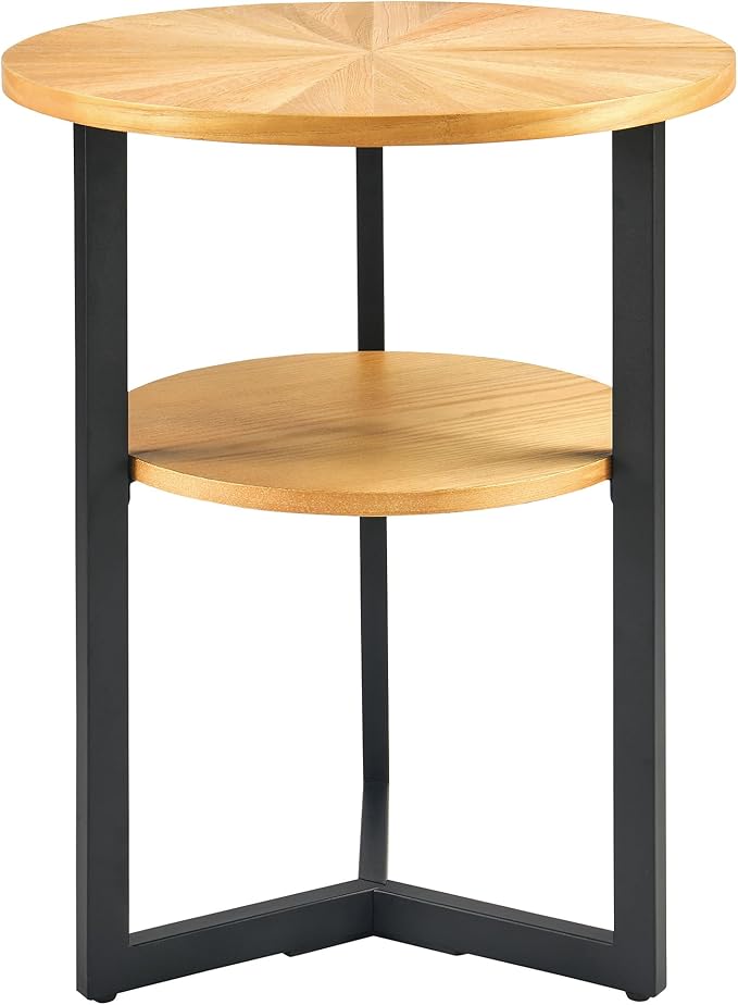 MODERION Round End Table with Storage, Solid Wood & Black Metal Frame, 19.3"L x - Image 3
