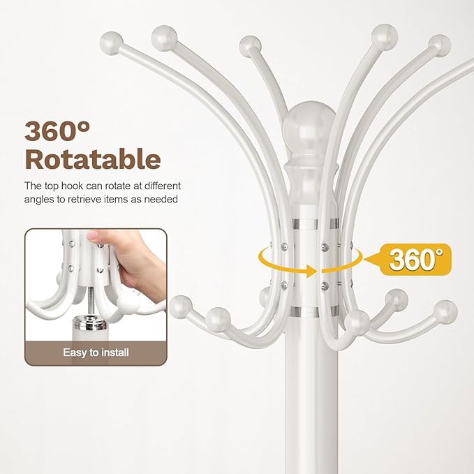 Coat Rack Freestanding with Marble Base, Heavy Duty Clothes Tree with Hooks and - Image 7