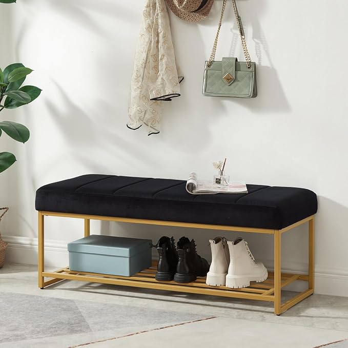 24KF Black Velvet Upholstered End of Bed Bench - Image 2