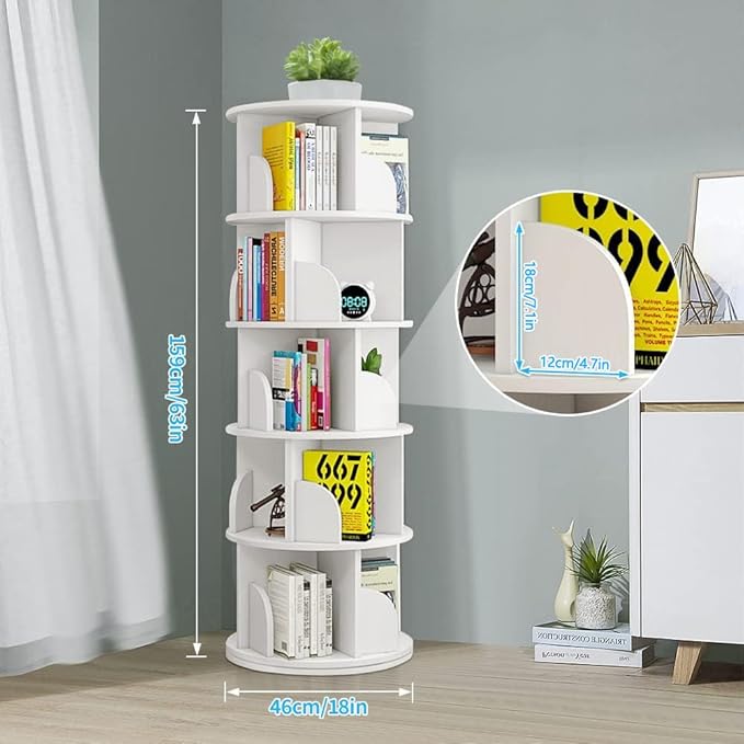 Nisorpa 5 Tier Rotating Bookshelf, 360° Revolving Bookcase Rotating Stackable - Image 2