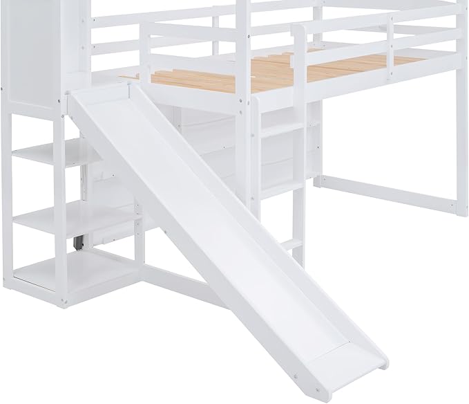 Twin Size House Loft Bed with Slide, Storage Shelves and Light, Wood Kids Bed - Image 7