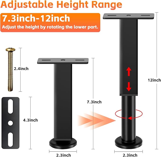 6PCS Adjustable Height Bed Support Legs, 7.3-12 In, Metal Heavy Furniture Legs - Image 3