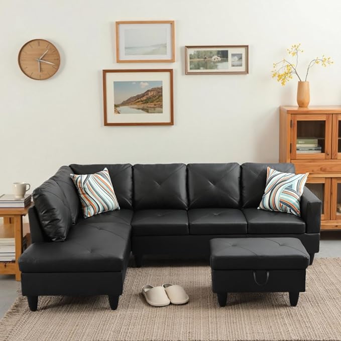 L-Shaped Sectional Sofa with Ottoman, Color Blocking Flannel Leather by GlasFlength