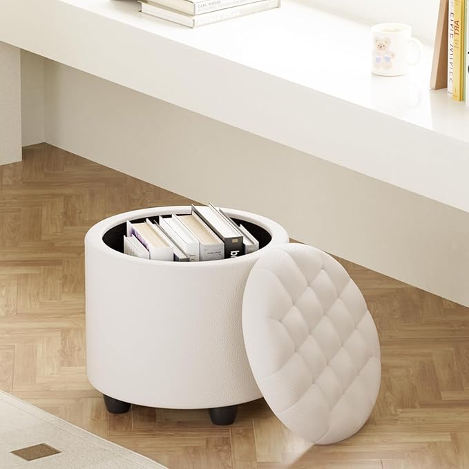 Furniliving Upholstered Button Tufted Round Ottoman, PU Storage Ottoman Round - Image 8