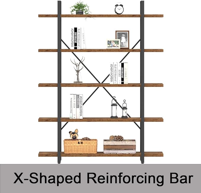 HSH Rustic Bookcases and Book Shelves 5 Shelf, Metal Wood 5 Tier Bookshelf and - Image 4