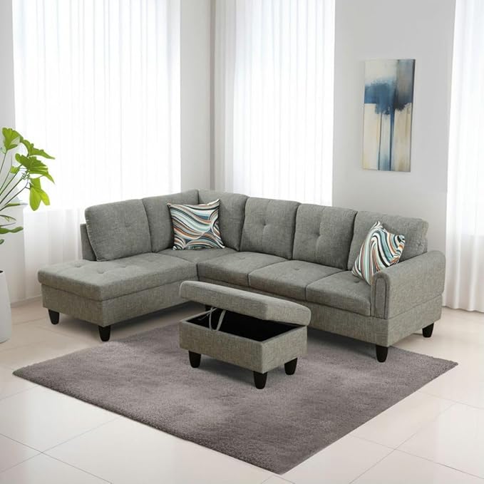 Grey-2 L-Shaped 3-Piece Linen Sofa - Image 4