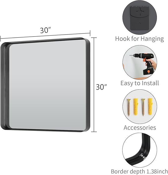 Koonmi Black Wall Mirror for Bathroom, 30x30 Inch Matte Deep Framed Rounded - Image 4