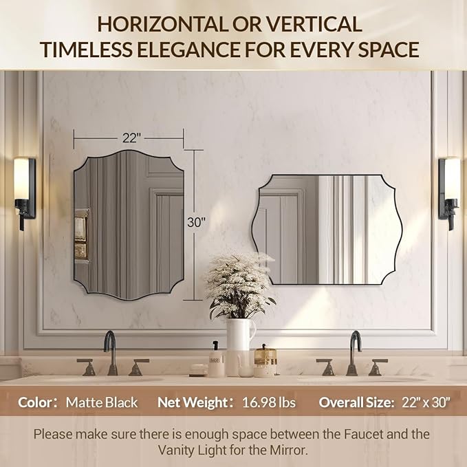 Black Scalloped Vanity Mirror, Matte Black Bathroom Mirrors, Metal Framed Black - Image 2