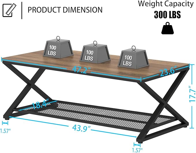 LVB Wood Coffee Table, Metal Wooden 2 Tier Center Tables - Image 2