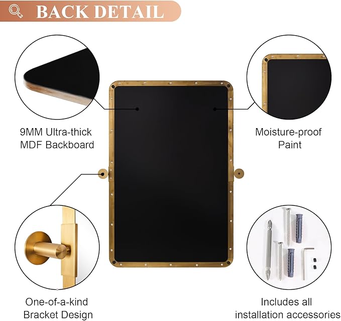 MOON MIRROR Gold Brass Pivot Rounded Rectangle Bathroom Mirror, Brushed Gold - Image 5