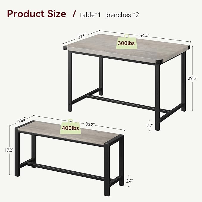 Dining Table Set for 4 with 2 Benches, 3-Piece Kitchen Table Set, Space-Saving - Image 6