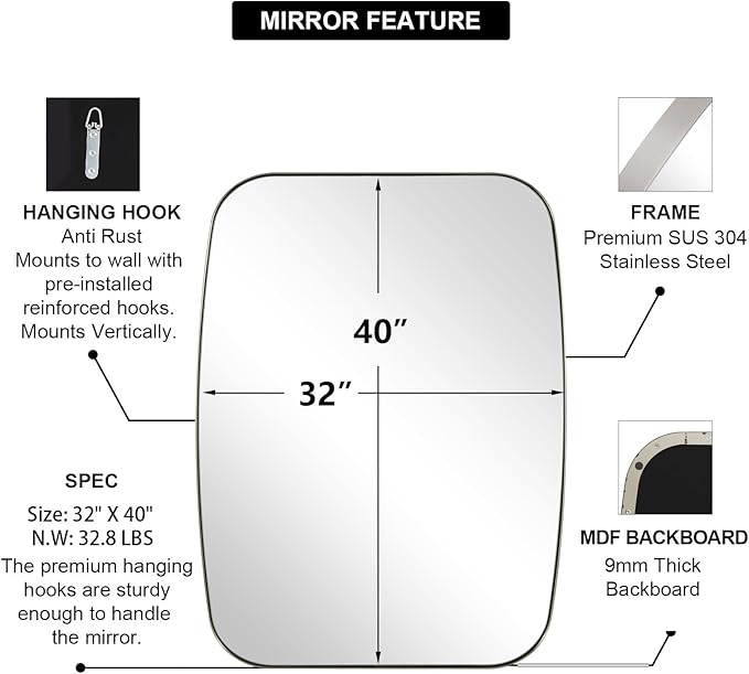 ANDY STAR Brushed Nickel Oblong Mirror, 32x40 Inch Brushed Nickel Oval Mirror - Image 5