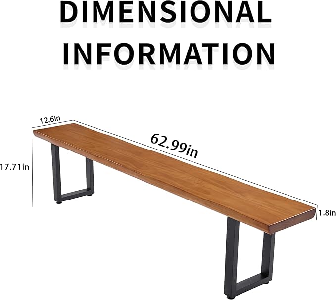 Solid Wood Top Bench with Metal Legs Durable Long Bench - Image 3