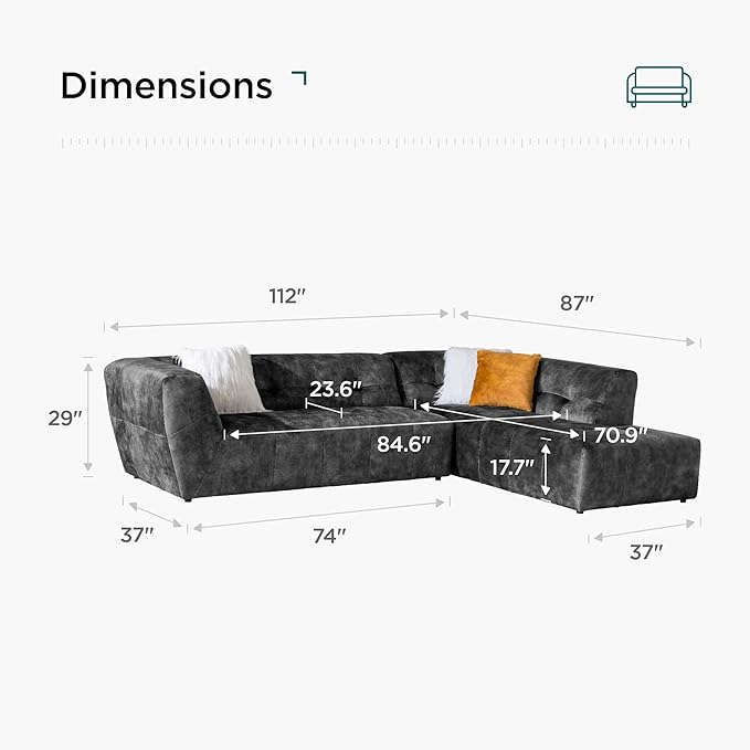 Acanva Luxury Mid-Century Velvet Tufted Low Back Sofa Set L-Shape 2-Piece - Image 2