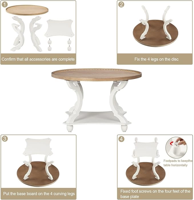 Wnutrees Farmhouse Round Coffee Table, Wood Tray Top Circle Coffee Table - Image 5