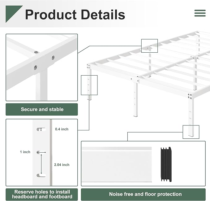 16 Inch White King Bed Frame Heavy Duty Metal Platform King Size Bed Frames - Image 7