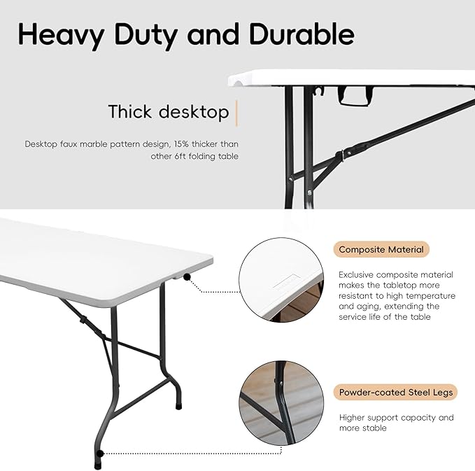Folding Table 6FT HDPE 6 Foot Foldable Table Portable Banquet Surface - Image 5