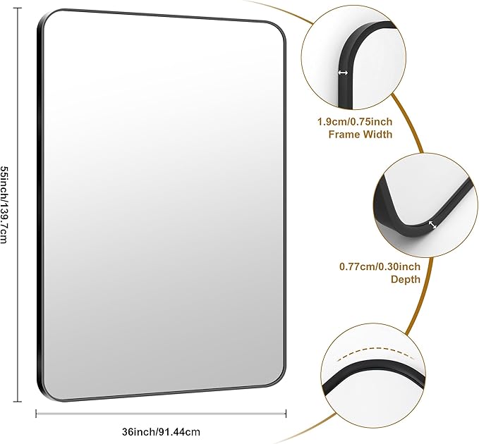 KOCUUY 55x36 Black Bathroom Mirror, Large Matte Black Vanity Mirror, Tempered - Image 9