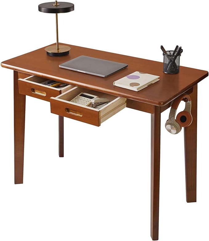 Wood Writing Desk with Drawer and Hanging Rod, Small Computer Desk Table by Aibijusolidwoodfurniture