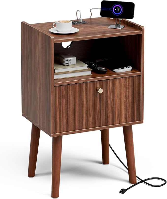 Side Table with Charging Station, Modern End Table with Fluted Drawer, Bedside by Unknown